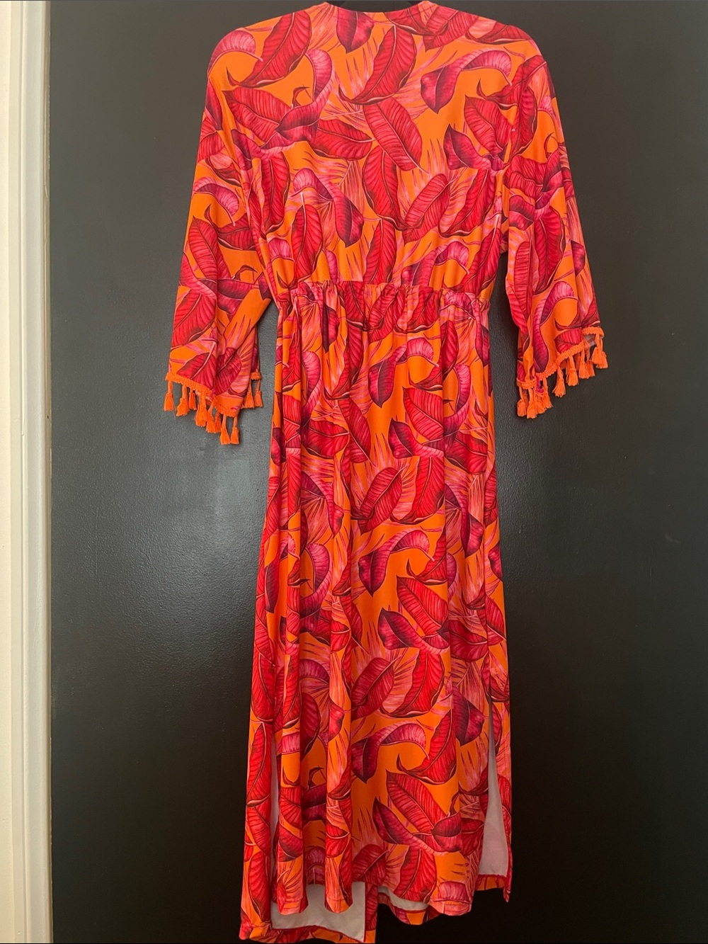 Tropical Print Tassel Kimono Cover-Up Drawstring Waist | Estimated Size M - Picture 6 of 8